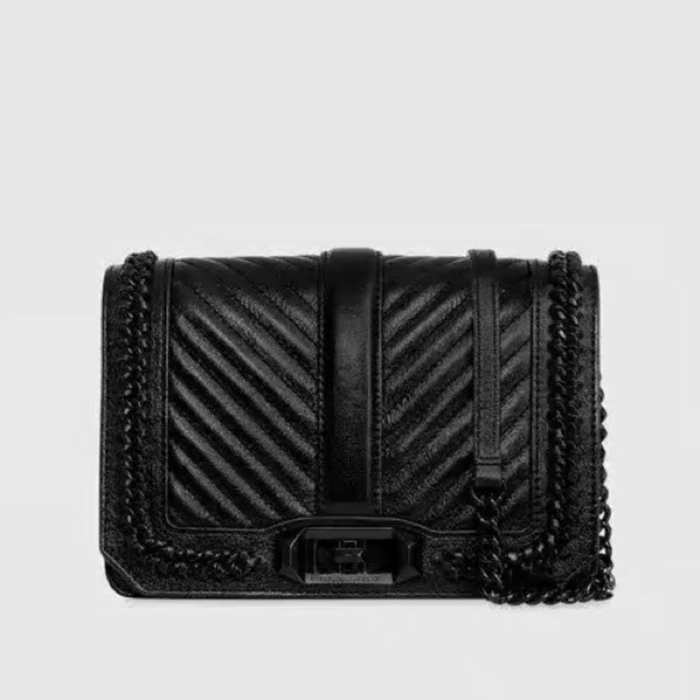 Rebecca Minkoff Chevron Quilted Small Love Crossbody With Chain Inset- Black